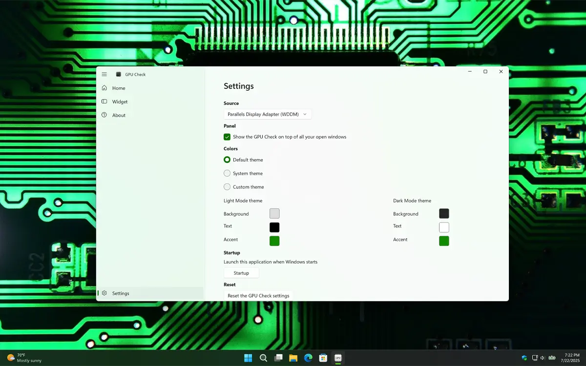 GPU Check settings window