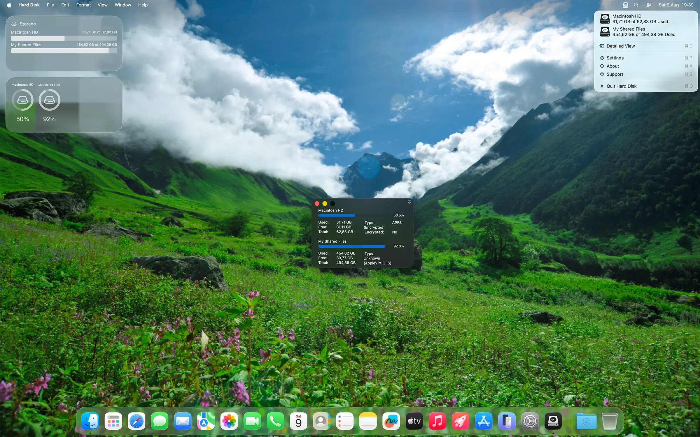 Hard Disk application window, widget, and Apple menubar panel
