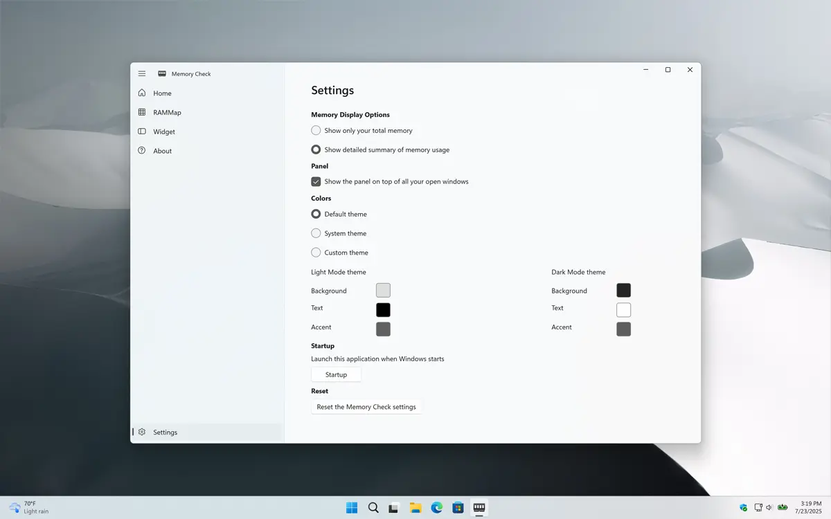 Memory Check settings window