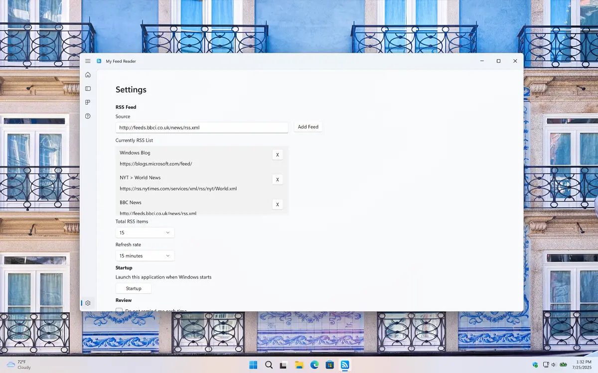 My Feed Reader settings window