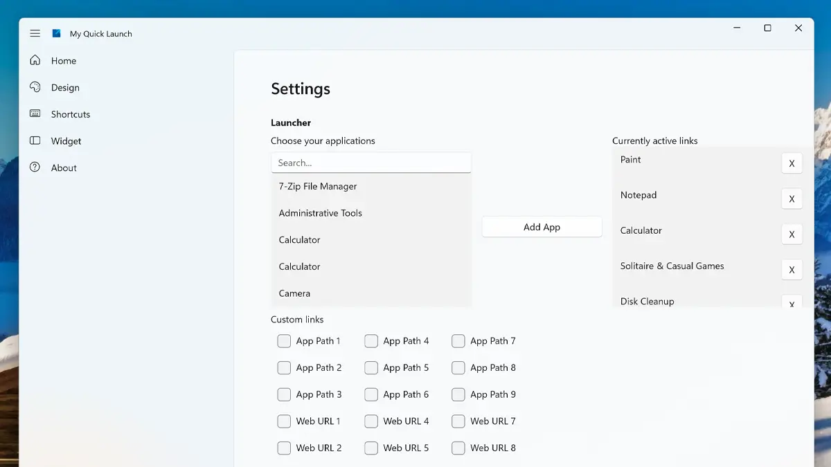 My Quick Launch settings window