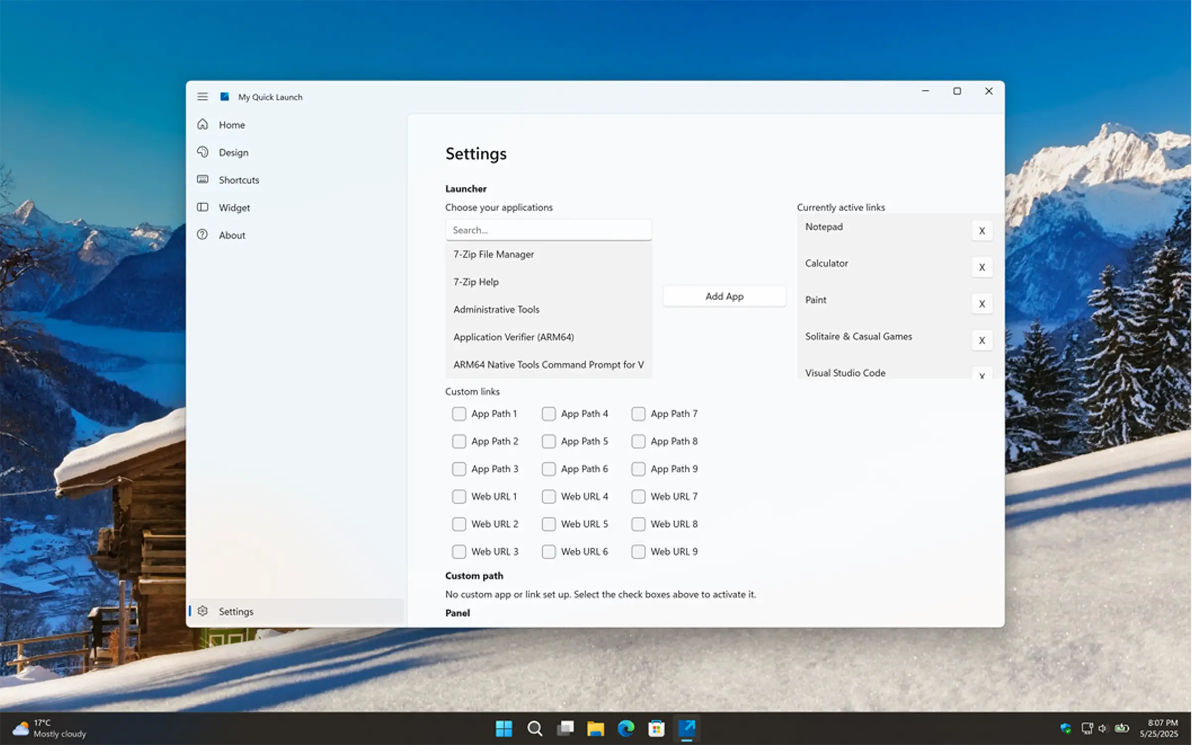 My Quick Launch settings window