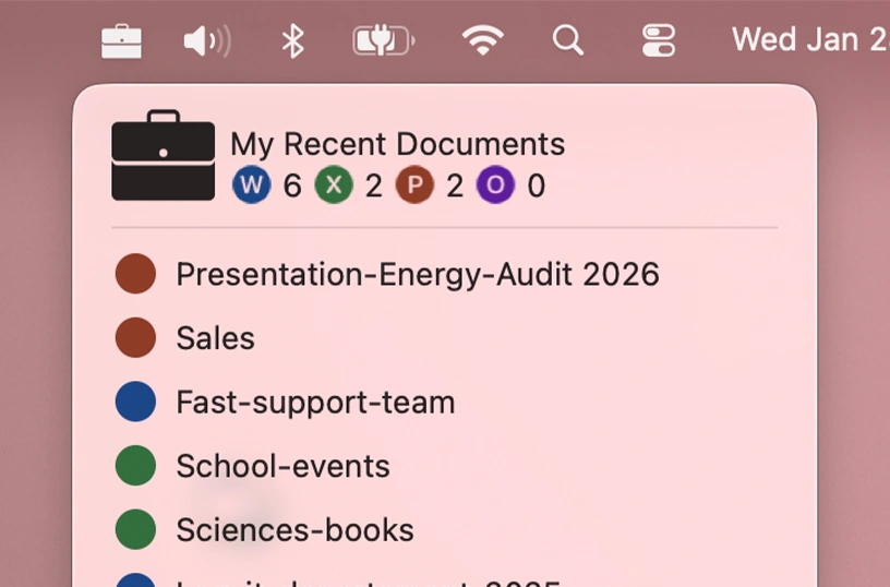 Get overview of numbers of office documents in the Apple menu bar