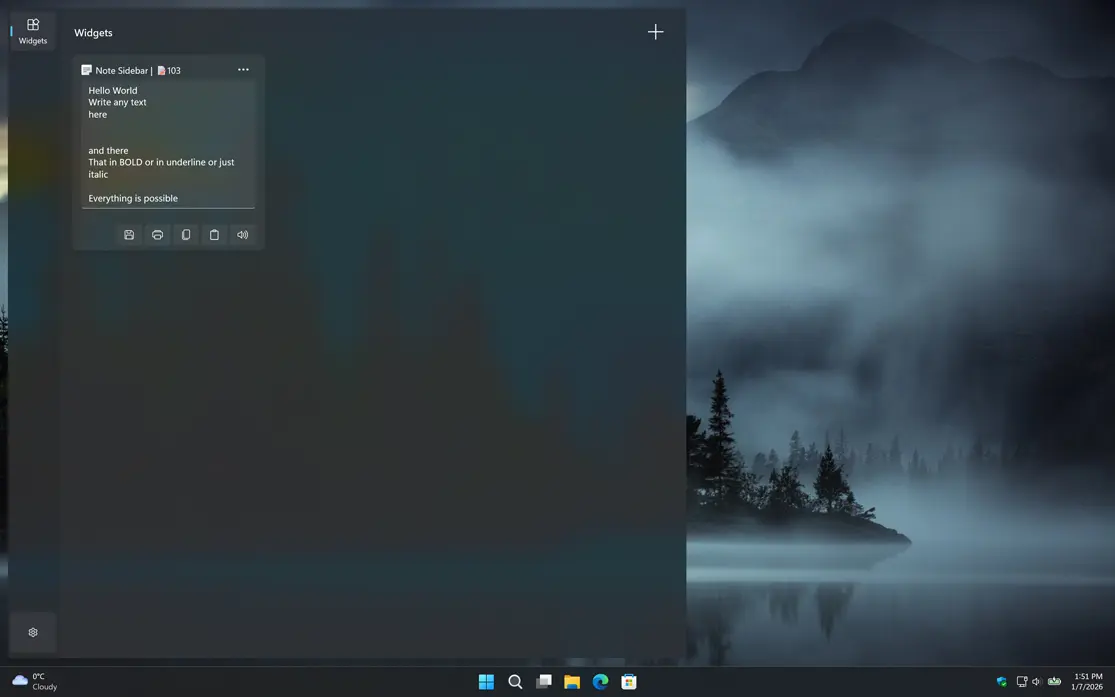 Note Sidebar Windows 11 Widget in Dark Mode