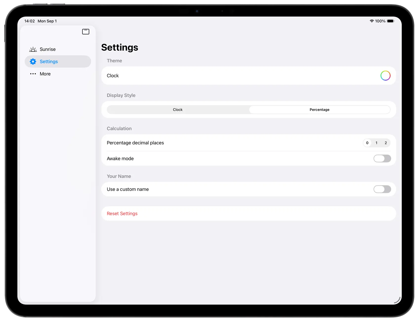 Sunrise Settings page