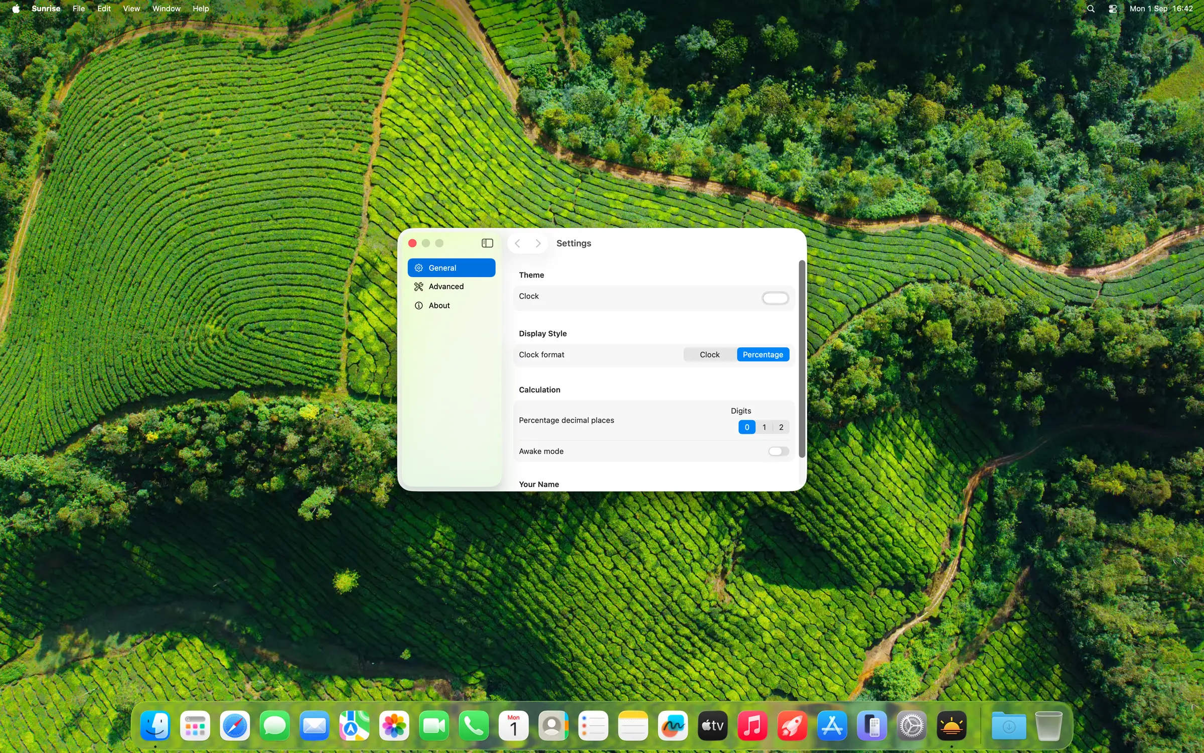 Sunrise Settings window