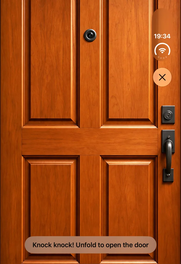 Closed door with a Knock knock, unfold to open the door prompt on the iPhone Duo inner display in Who's at the Door?