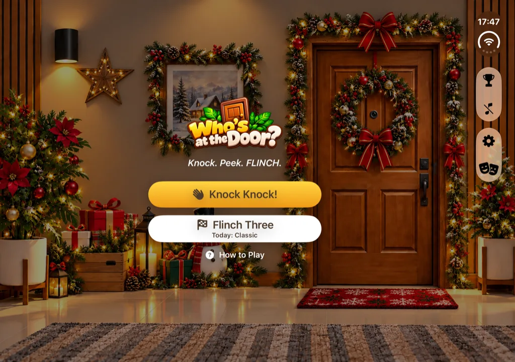 Christmas theme in Who's at the Door? with garland, wreath and presents