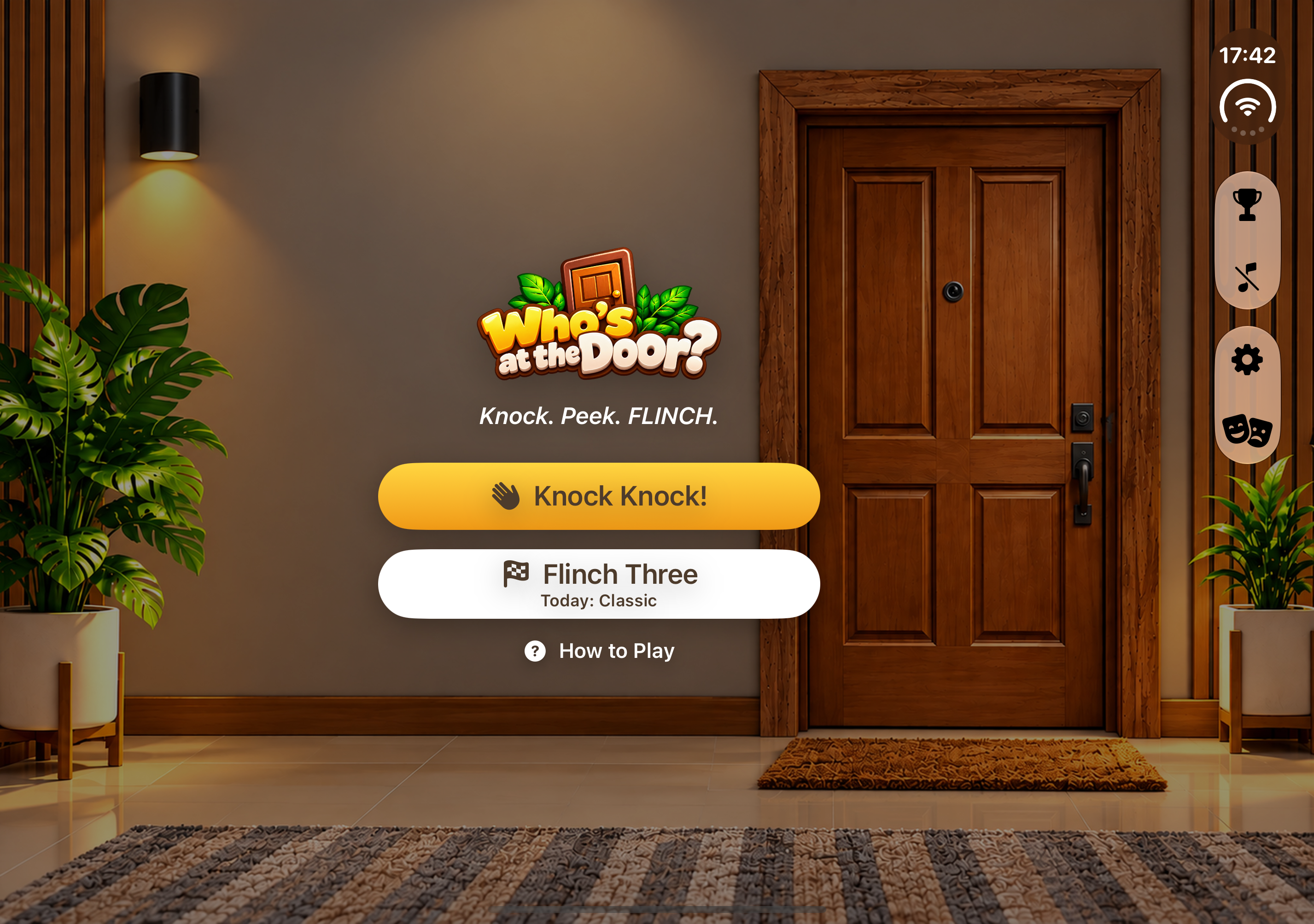 Classic theme home screen in Who's at the Door? free iPhone game — the everyday doorway and doormat around the Knock Knock menu
