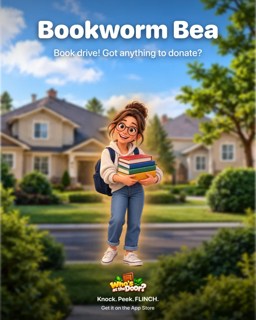 Bookworm Bea movie poster, a student holding a stack of books in the doorway: Book drive! Got anything to donate?