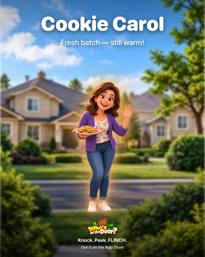 Cookie Carol movie poster, a neighbor waving with a plate of cookies: Fresh batch, still warm!