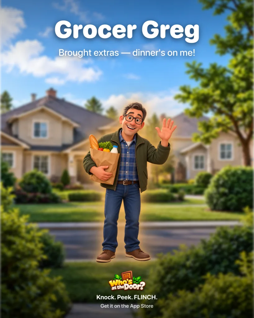 Grocer Greg movie poster, a man waving with a bag of groceries: Brought extras, dinner's on me!