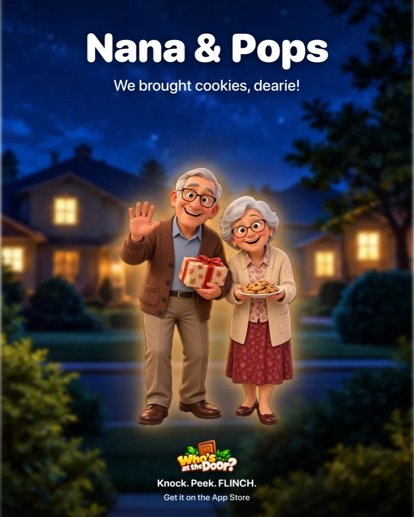 Nana and Pops movie poster, a grandparent couple waving with cookies and a gift: We brought cookies, dearie!