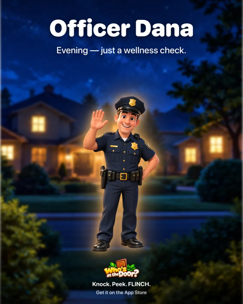 Officer Dana movie poster, a police officer waving at night: Evening, just a wellness check.