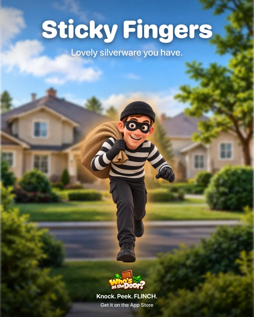 Sticky Fingers movie poster, a masked burglar tiptoeing away with a sack: Lovely silverware you have.