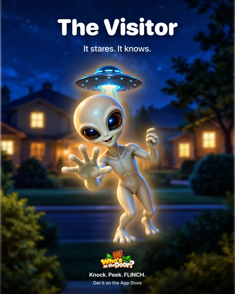 The Visitor movie poster, an alien reaching out under a UFO at night: It stares. It knows.