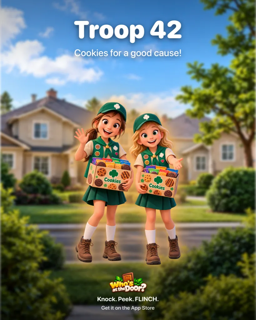 Troop 42 movie poster, two cookie scouts carrying boxes of cookies: Cookies for a good cause!
