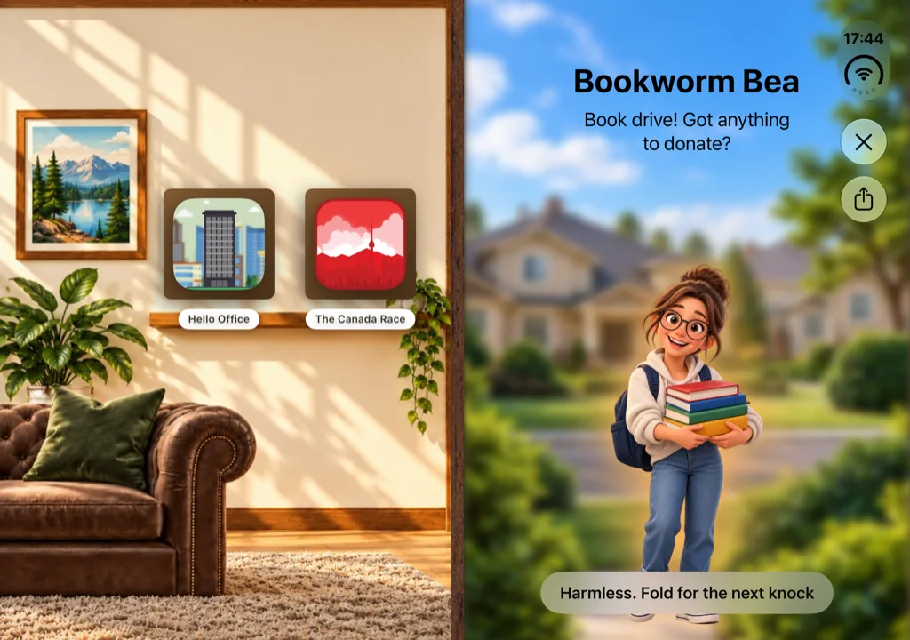 Bookworm Bea holding a stack of books at the doorway on the iPhone Duo outer display in Who's at the Door?