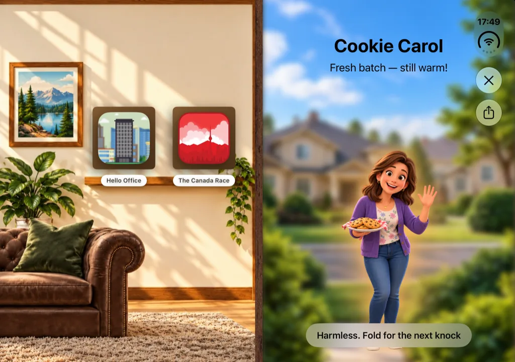 Cookie Carol waving with a plate of cookies at the doorway on the iPhone Duo outer display in Who's at the Door?