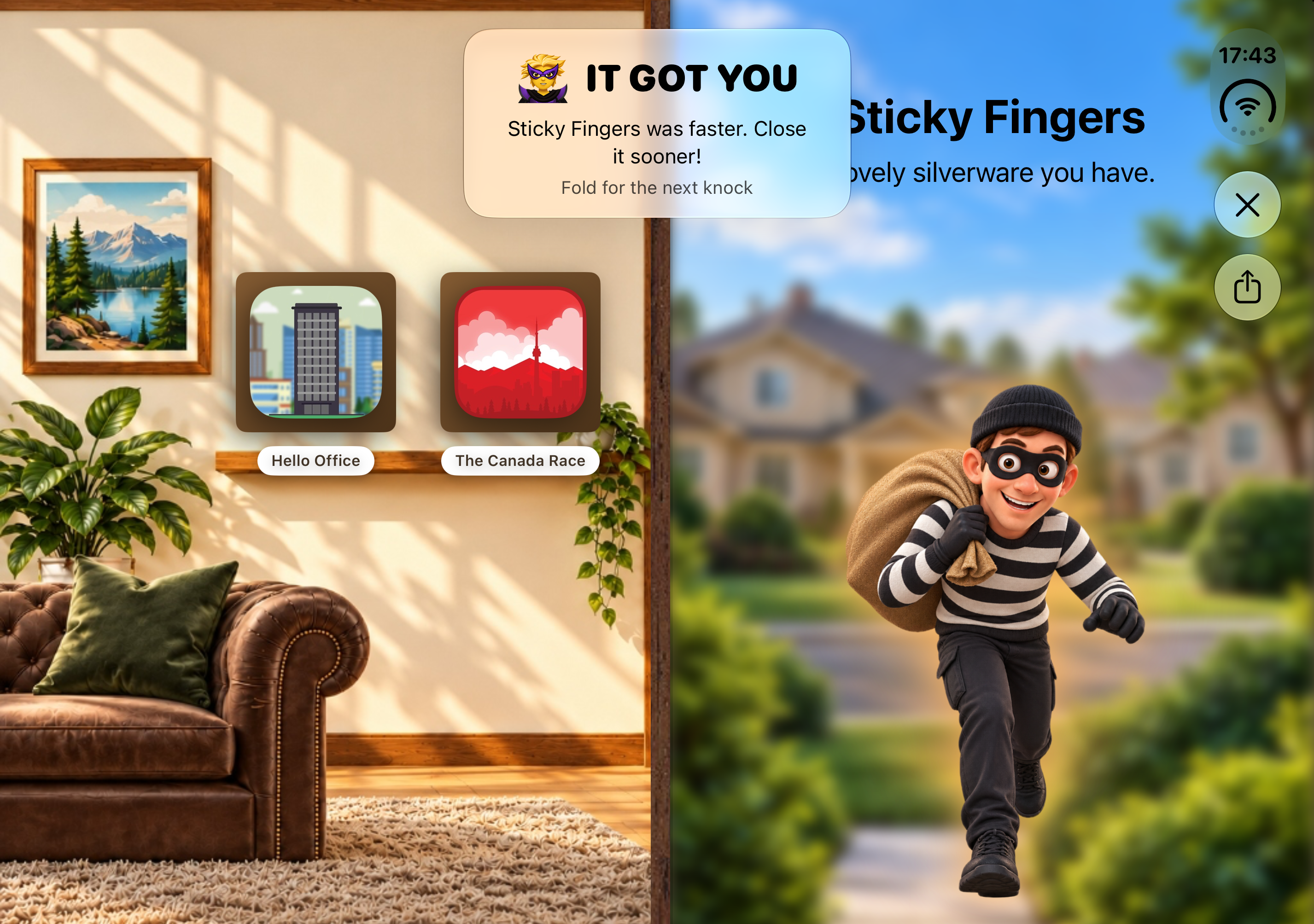 Sticky Fingers the burglar caller sneaking across the foldable iPhone Duo dual screen in the Who's at the Door? free iOS game