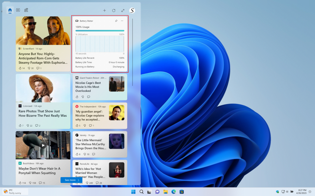 Battery Meter widget Windows 11 is visible in the widget panel