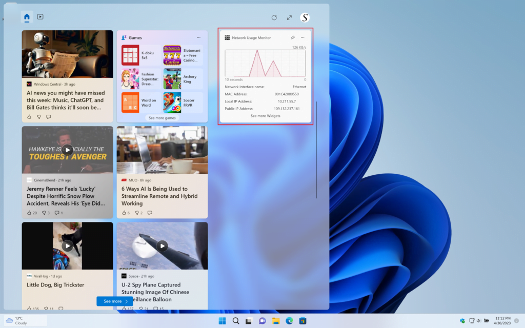 Network Usage Monitor widget Windows visible in the widget panel
