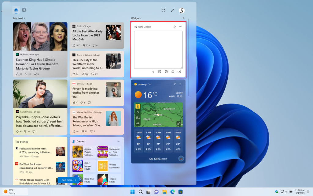 Note Sidebar widget Windows 11 is visible in the Windows 11 widget panel.