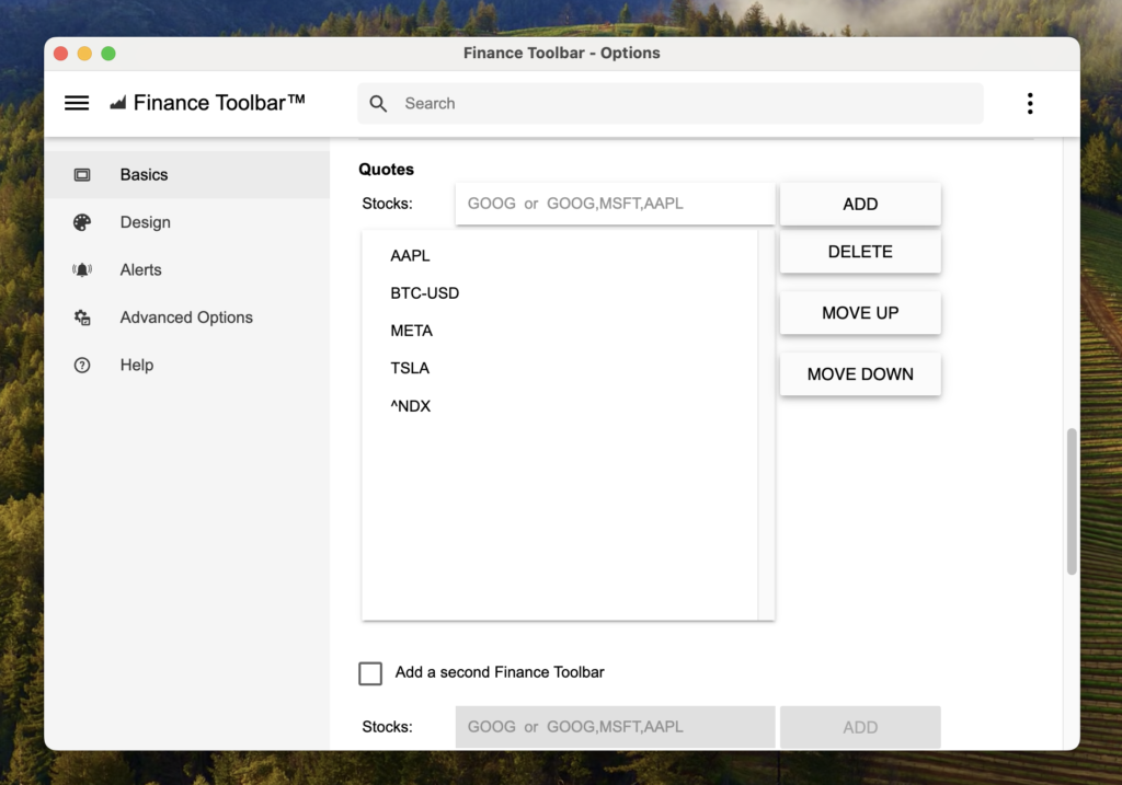 Finance Toolbar Application Options window with the Nasdaq indexes added