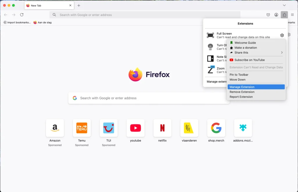 Manage Extension from the puzzle piece icon
