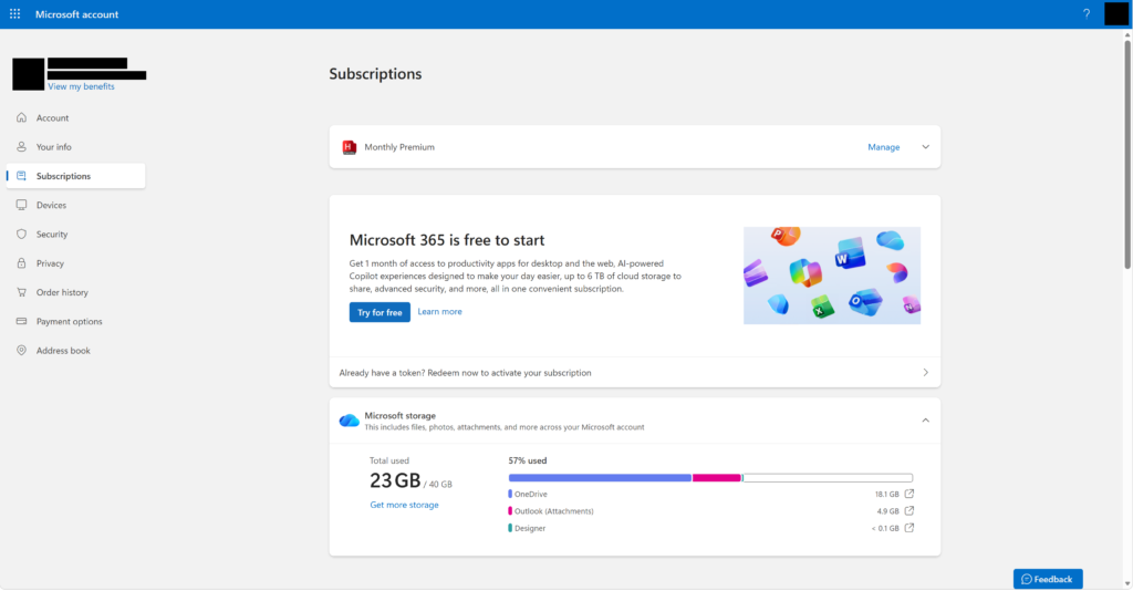 Microsoft Subscriptions page